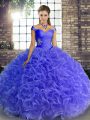 Blue Fabric With Rolling Flowers Lace Up Ball Gown Prom Dress Sleeveless Floor Length Beading