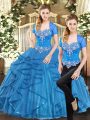 Blue Sweetheart Neckline Beading and Ruffles Ball Gown Prom Dress Sleeveless Lace Up