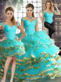 Floor Length Aqua Blue Sweet 16 Dress Tulle Sleeveless Beading and Ruffled Layers