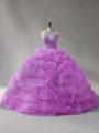 Simple Sleeveless Beading and Pick Ups Lace Up Ball Gown Prom Dress with Lilac Court Train