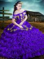 Purple Lace Up Off The Shoulder Embroidery and Ruffles Quinceanera Gowns Organza Sleeveless