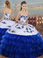 Cheap Royal Blue Sleeveless Floor Length Embroidery and Ruffled Layers Lace Up Vestidos de Quinceanera