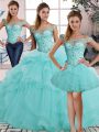 Top Selling Aqua Blue Sleeveless Floor Length Beading and Ruffles Lace Up Sweet 16 Dress