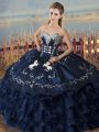 Floor Length Navy Blue 15 Quinceanera Dress Satin and Organza Sleeveless Embroidery and Ruffles