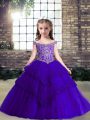 Floor Length Purple Child Pageant Dress Tulle Sleeveless Beading and Lace and Appliques