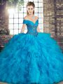 Traditional Ball Gowns 15 Quinceanera Dress Blue Off The Shoulder Tulle Sleeveless Floor Length Lace Up