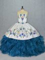 Attractive Blue Sleeveless Embroidery and Ruffles Lace Up Sweet 16 Quinceanera Dress