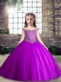 Purple Ball Gowns Off The Shoulder Sleeveless Tulle Floor Length Lace Up Beading High School Pageant Dress