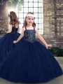 Navy Blue Sleeveless Beading Floor Length Child Pageant Dress