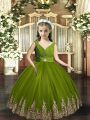 Tulle V-neck Sleeveless Backless Embroidery Girls Pageant Dresses in Olive Green