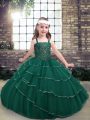 Peacock Green Ball Gowns Beading Girls Pageant Dresses Lace Up Lace Sleeveless Floor Length