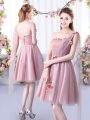 Pink A-line Tulle One Shoulder Sleeveless Appliques and Belt Knee Length Lace Up Wedding Guest Dresses