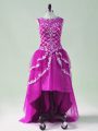Free and Easy High Low Fuchsia Prom Dresses Scoop Sleeveless Zipper