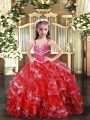 Sleeveless Floor Length Beading Lace Up Little Girls Pageant Dress with Red