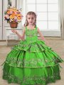 Green Satin Lace Up Straps Sleeveless Floor Length Little Girl Pageant Dress Embroidery and Ruffled Layers