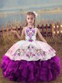 Floor Length Lace Up Girls Pageant Dresses Purple for Wedding Party with Embroidery and Ruffles