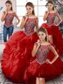 Best Selling Red Ball Gowns Scoop Sleeveless Organza Floor Length Zipper Beading and Ruffles Quinceanera Dress