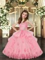 Simple Baby Pink Lace Up Straps Lace and Appliques Girls Pageant Dresses Tulle Sleeveless