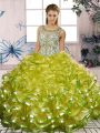 Hot Sale Sleeveless Floor Length Beading and Ruffles Lace Up Sweet 16 Dress with Olive Green