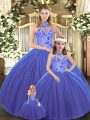 Elegant Sleeveless Tulle Lace Up Quince Ball Gowns in Blue with Embroidery
