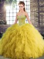 Sleeveless Floor Length Beading and Ruffles Lace Up Quinceanera Gown with Gold