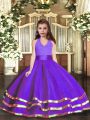 Adorable Purple Lace Up Little Girl Pageant Gowns Ruffled Layers Sleeveless Floor Length