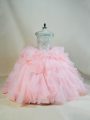 Organza Sleeveless Sweet 16 Dress Brush Train and Beading and Ruffles