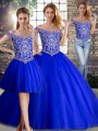 Three Pieces Sleeveless Royal Blue Quince Ball Gowns Brush Train Lace Up