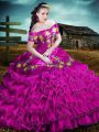 Suitable Fuchsia Sleeveless Floor Length Embroidery and Ruffles Lace Up Quinceanera Gown
