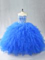 Graceful Blue Ball Gowns Sweetheart Sleeveless Tulle Floor Length Lace Up Beading and Ruffles Vestidos de Quinceanera
