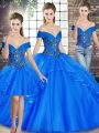 Royal Blue Off The Shoulder Neckline Beading and Ruffles Quinceanera Gowns Sleeveless Lace Up