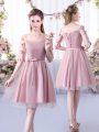 Beautiful Pink Tulle Lace Up Vestidos de Damas Half Sleeves Knee Length Belt