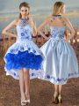 Customized Blue And White Evening Dress Halter Top Sleeveless Lace Up