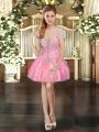 Noble Sleeveless Organza Mini Length Lace Up Dress for Prom in Pink with Beading and Lace and Ruffles