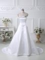Hot Selling Ruching Prom Gown White Lace Up Sleeveless Court Train