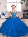 Enchanting Ball Gowns Little Girls Pageant Dress Blue Off The Shoulder Tulle Sleeveless Floor Length Lace Up