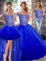 Floor Length Royal Blue Sweet 16 Dress Tulle Sleeveless Beading and Ruffles