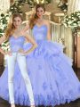 Most Popular Lavender Sleeveless Appliques and Ruffles Floor Length Quinceanera Dresses