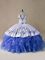 Sleeveless Satin and Organza Brush Train Lace Up Sweet 16 Dress in Blue And White with Embroidery and Ruffles