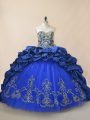 Royal Blue Taffeta and Tulle Lace Up Quince Ball Gowns Sleeveless Brush Train Beading