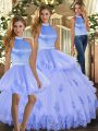 Custom Designed Lavender Backless Halter Top Beading and Appliques Quinceanera Gown Tulle Sleeveless