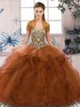 Brown Ball Gowns Off The Shoulder Sleeveless Tulle Floor Length Lace Up Beading and Ruffles Sweet 16 Quinceanera Dress