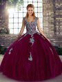 Beautiful Straps Sleeveless Tulle Quince Ball Gowns Beading and Appliques Lace Up