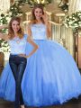 Floor Length Clasp Handle Quinceanera Dresses Blue for Military Ball and Sweet 16 and Quinceanera with Lace