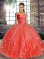 Flare Watermelon Red Off The Shoulder Lace Up Beading and Appliques Quinceanera Dress Sleeveless