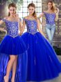 Delicate Floor Length Three Pieces Sleeveless Royal Blue Ball Gown Prom Dress Lace Up