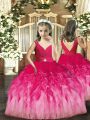Hot Pink Ball Gowns Tulle V-neck Sleeveless Beading and Ruffles Floor Length Backless Pageant Gowns For Girls