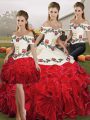 Fashionable White And Red Off The Shoulder Neckline Embroidery and Ruffles Sweet 16 Dress Sleeveless Lace Up