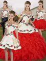 White And Red Lace Up Quinceanera Dress Embroidery and Ruffles Sleeveless Floor Length