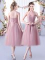 Gorgeous Tulle Halter Top Sleeveless Lace Up Appliques and Belt Vestidos de Damas in Pink